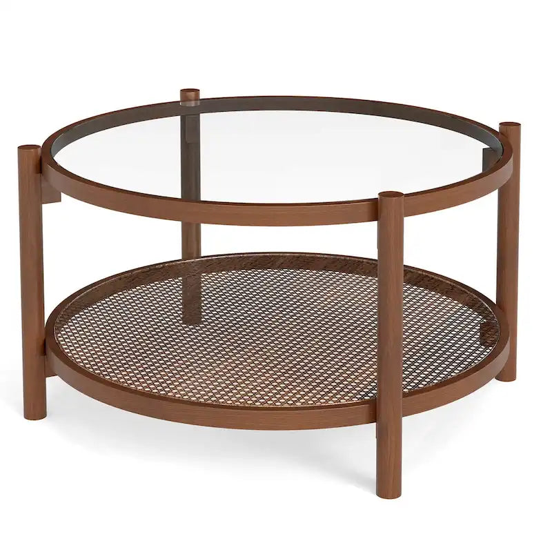 31" Round Coffee Table with Tempered Glass Top and Rattan Shelf, Cherry