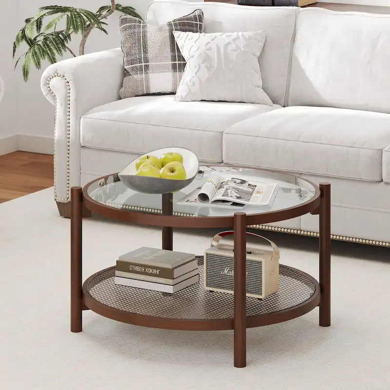 31" Round Coffee Table with Tempered Glass Top and Rattan Shelf, Cherry
