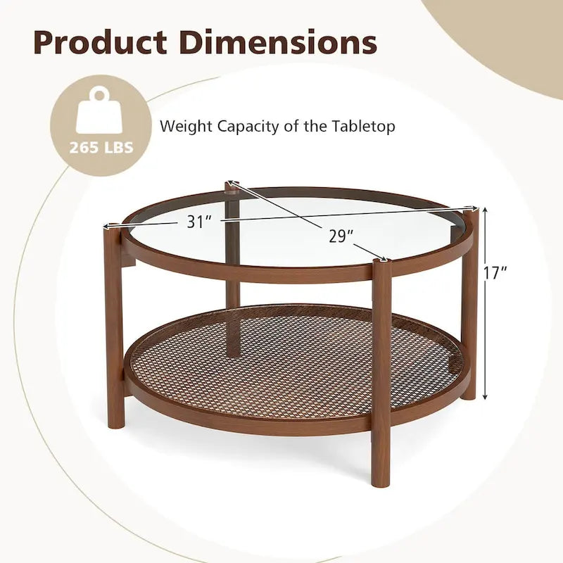 31" Round Coffee Table with Tempered Glass Top and Rattan Shelf, Cherry
