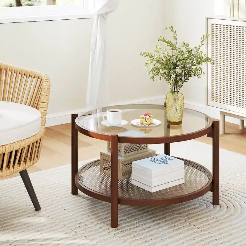 31" Round Coffee Table with Tempered Glass Top and Rattan Shelf, Cherry