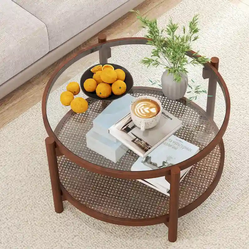 31" Round Coffee Table with Tempered Glass Top and Rattan Shelf, Cherry