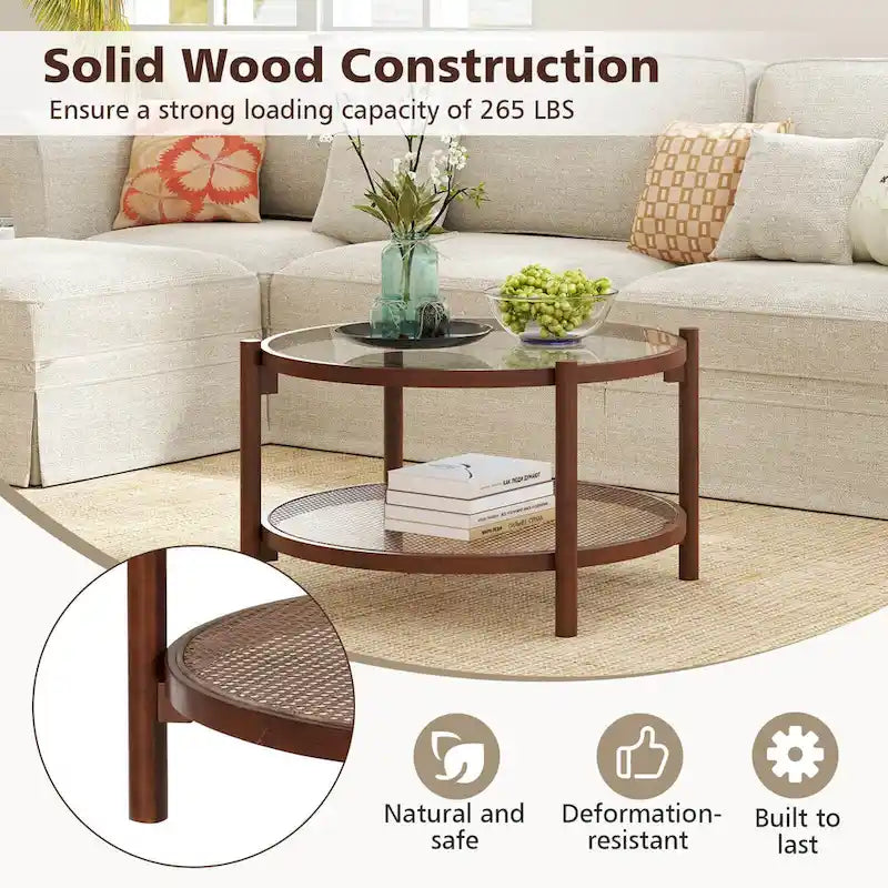 31" Round Coffee Table with Tempered Glass Top and Rattan Shelf, Cherry