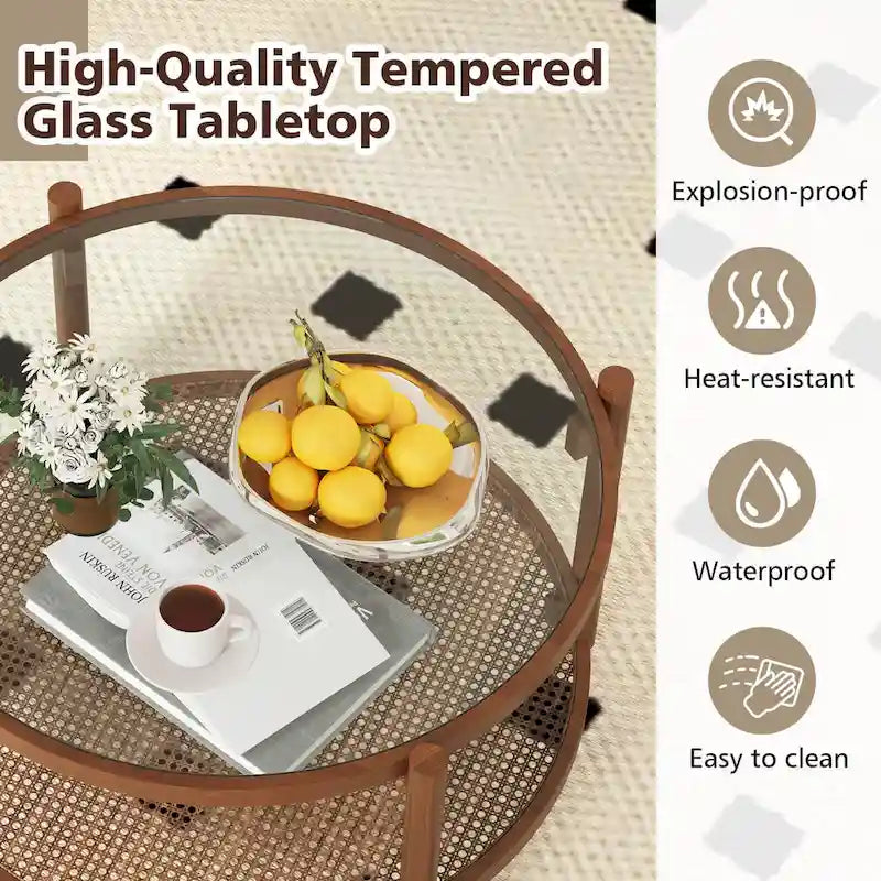 31" Round Coffee Table with Tempered Glass Top and Rattan Shelf, Cherry