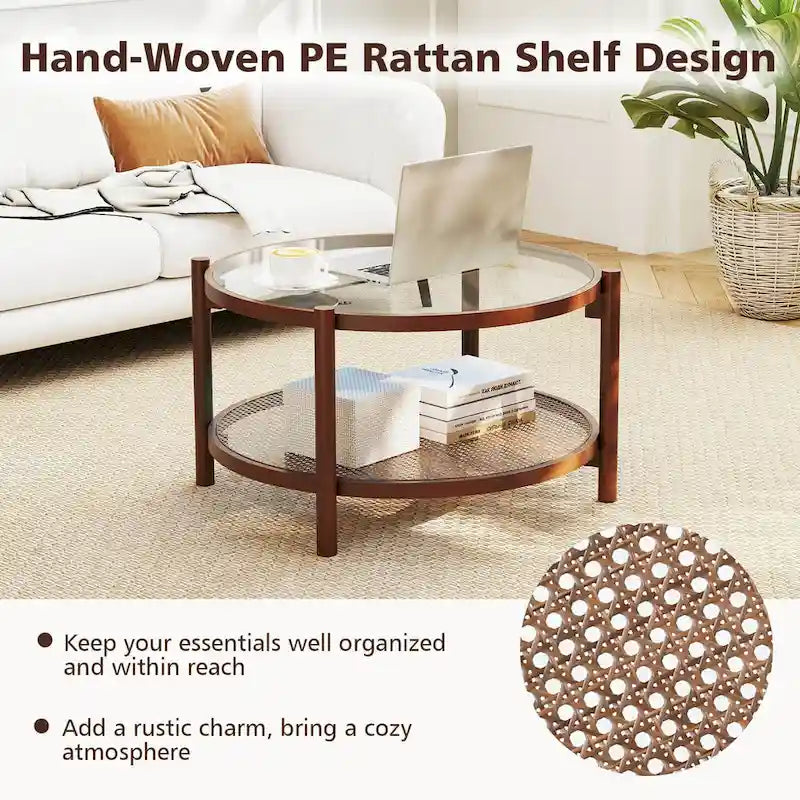 31" Round Coffee Table with Tempered Glass Top and Rattan Shelf, Cherry