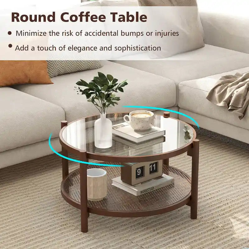 31" Round Coffee Table with Tempered Glass Top and Rattan Shelf, Cherry