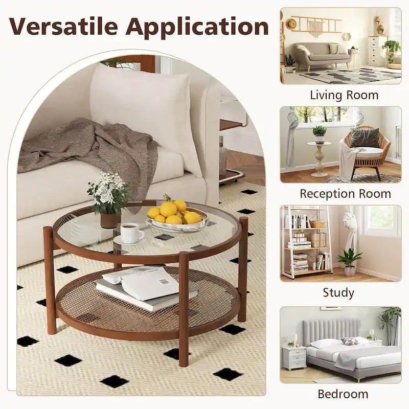 31" Round Coffee Table with Tempered Glass Top and Rattan Shelf, Cherry