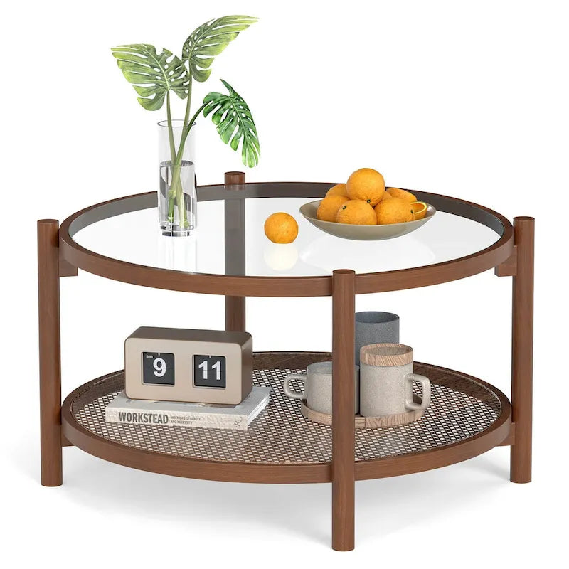 31" Round Coffee Table with Tempered Glass Top and Rattan Shelf, Cherry