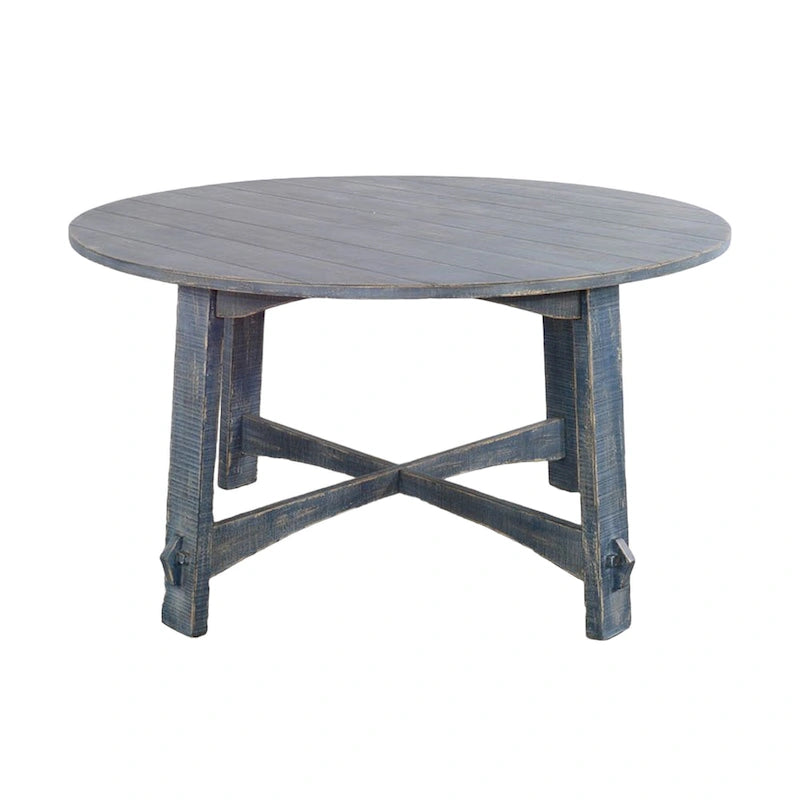 54 Inch Round Planked Ocean Blue Mahogany Wood Dining Table
