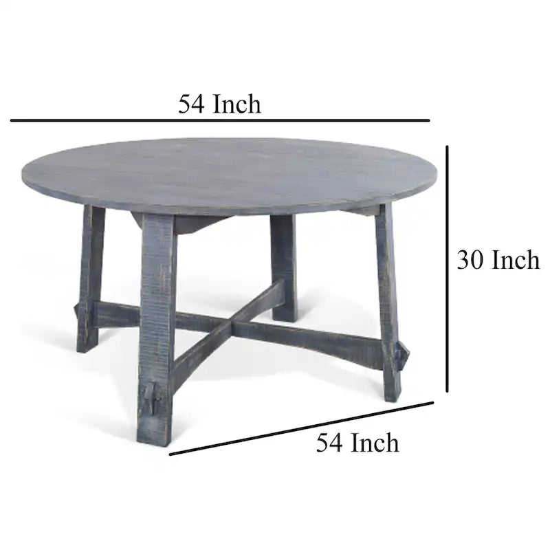 54 Inch Round Planked Ocean Blue Mahogany Wood Dining Table
