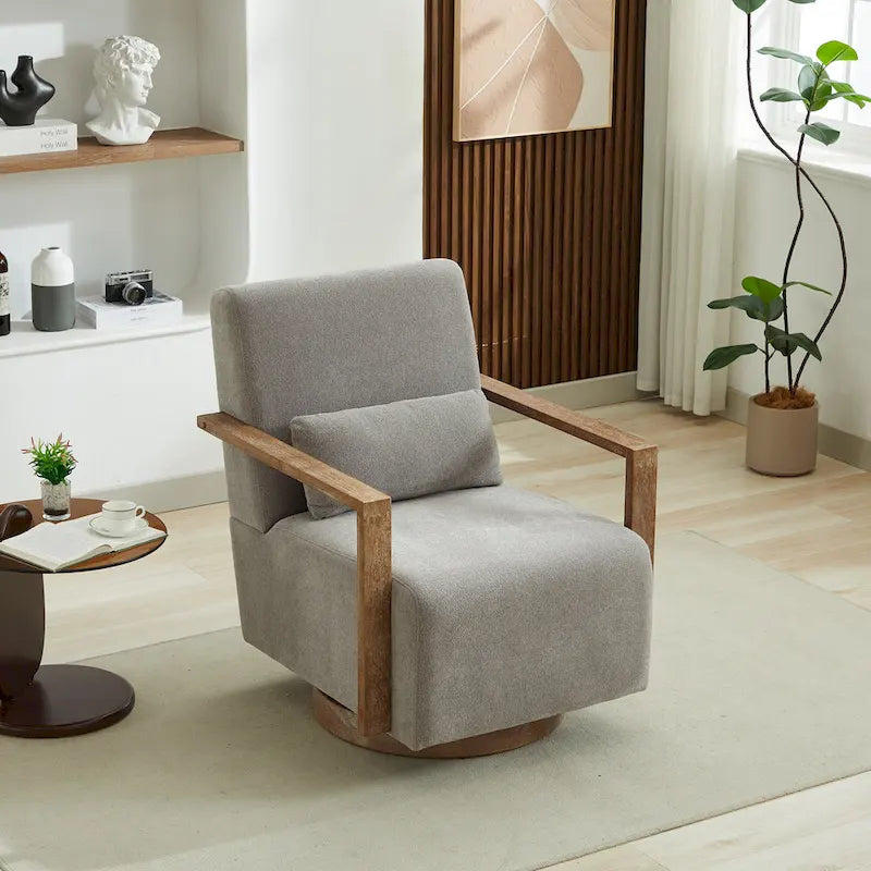 360 Degree Swivel Accent Chair with Solid Wood Armrest and Base