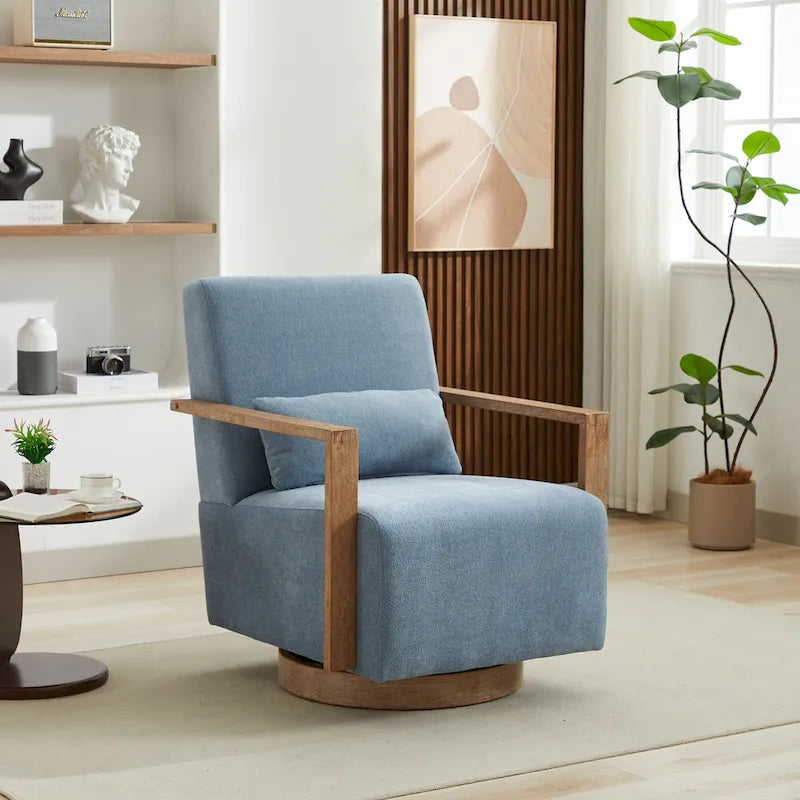 360 Degree Swivel Accent Chair with Solid Wood Armrest and Base