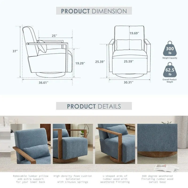 360 Degree Swivel Accent Chair with Solid Wood Armrest and Base