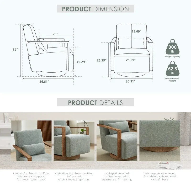 360 Degree Swivel Accent Chair with Solid Wood Armrest and Base