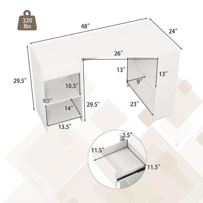 L-Shaped Computer Desk with Drawer & Storage Shelves