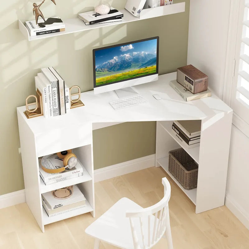 L-Shaped Computer Desk with Drawer & Storage Shelves