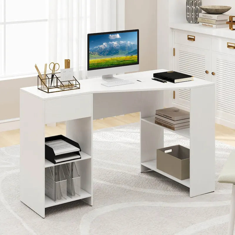 L-Shaped Computer Desk with Drawer & Storage Shelves