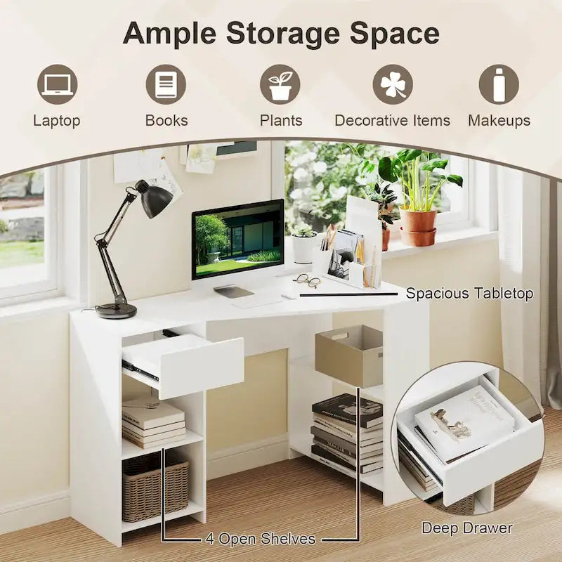 L-Shaped Computer Desk with Drawer & Storage Shelves