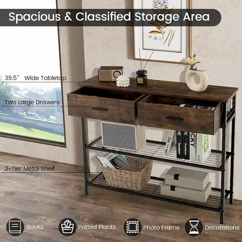Console Entryway Table with 2 Drawers and 2 Shelves, 39.5"