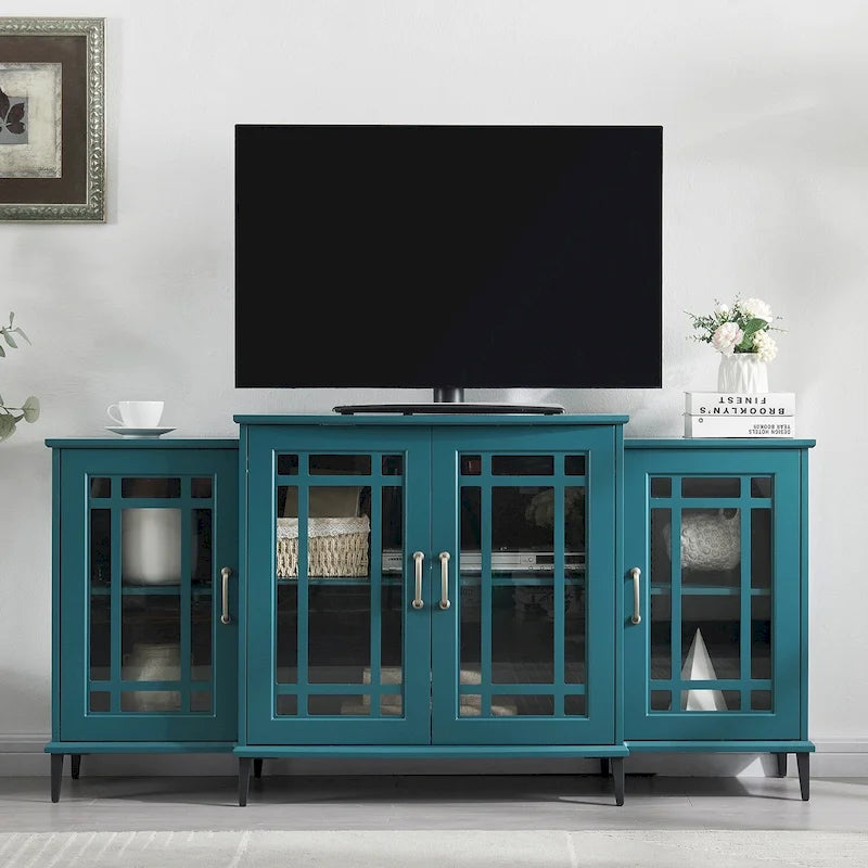 Teal Blue 62" TV Stand with Glass Doors and Shelves for Living Room