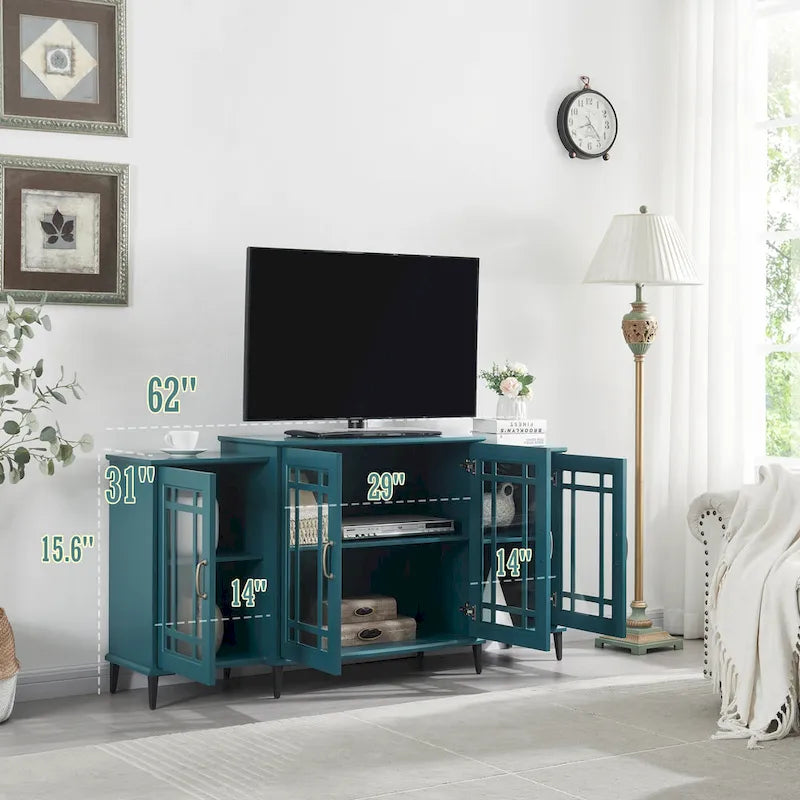Teal Blue 62" TV Stand with Glass Doors and Shelves for Living Room
