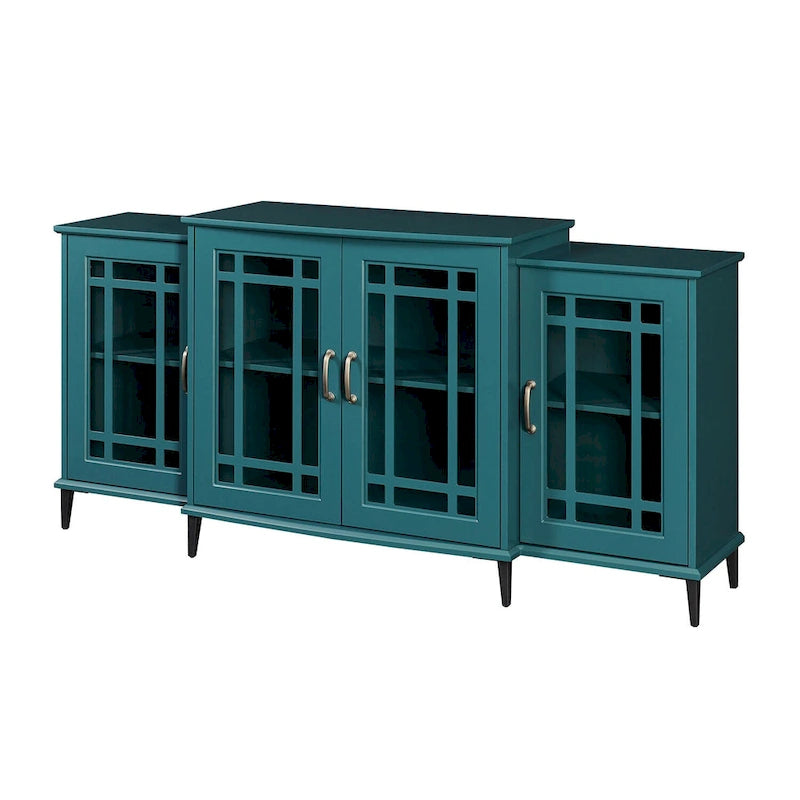Teal Blue 62" TV Stand with Glass Doors and Shelves for Living Room