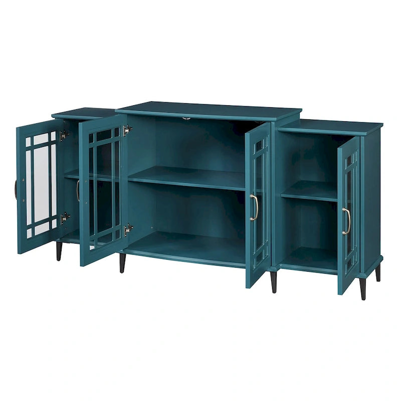 Teal Blue 62" TV Stand with Glass Doors and Shelves for Living Room