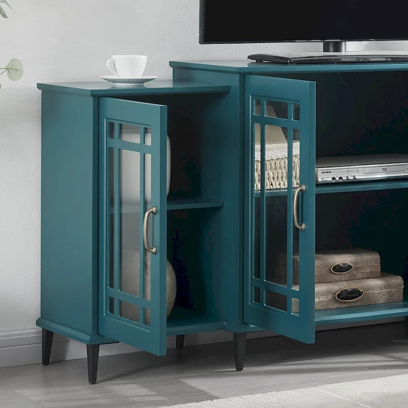Teal Blue 62" TV Stand with Glass Doors and Shelves for Living Room