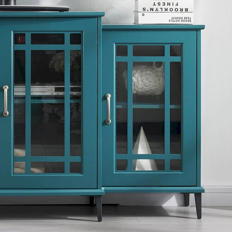 Teal Blue 62" TV Stand with Glass Doors and Shelves for Living Room