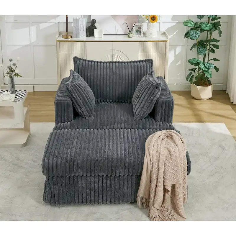 Dark Gray Modern 47.8" Upholstered Oversized Chaise Longue with Ottoman and Pillows