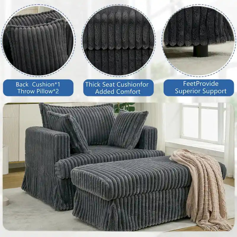 Dark Gray Modern 47.8" Upholstered Oversized Chaise Longue with Ottoman and Pillows