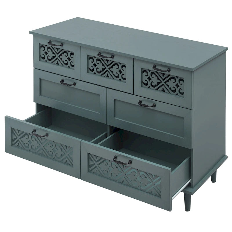 Retro Style 7-Drawer Horizontal Dresser with Carved Drawers Panel and Metal handle for Bedroom, Living Room