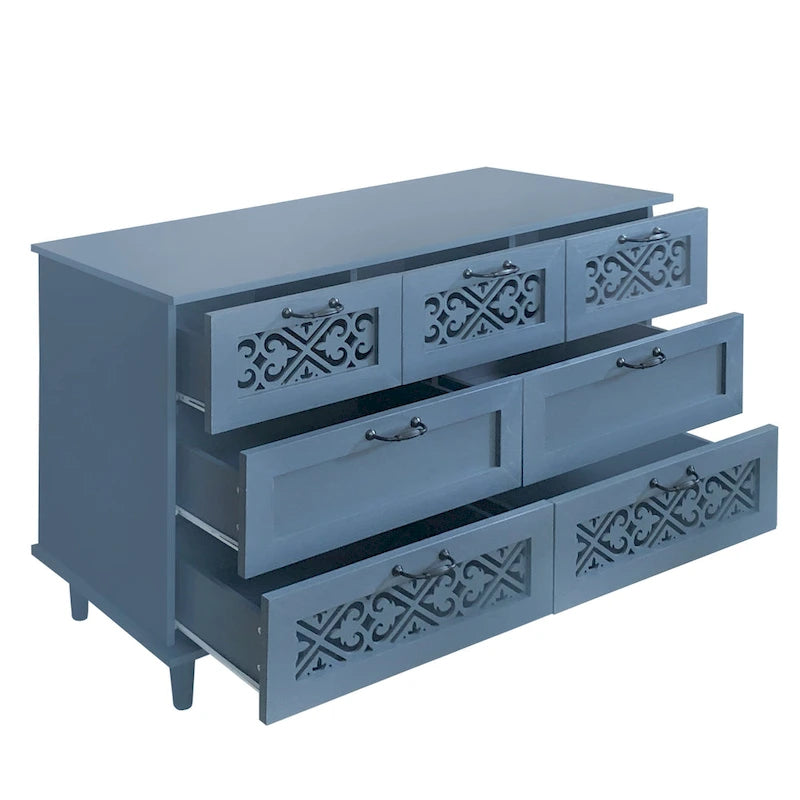 Retro Style 7-Drawer Horizontal Dresser with Carved Drawers Panel and Metal handle for Bedroom, Living Room