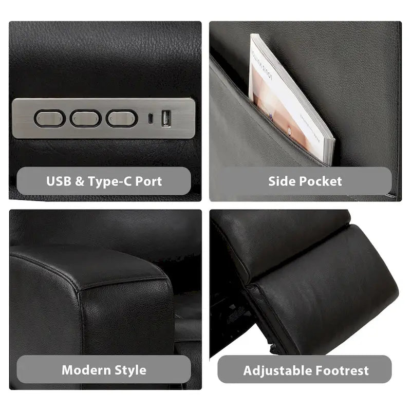 Elektrisch verstellbares 4-Sitzer-Sofa aus echtem Leder für das Wohnzimmer mit Konsole, USB-Anschluss und verstellbarer Kopfstütze