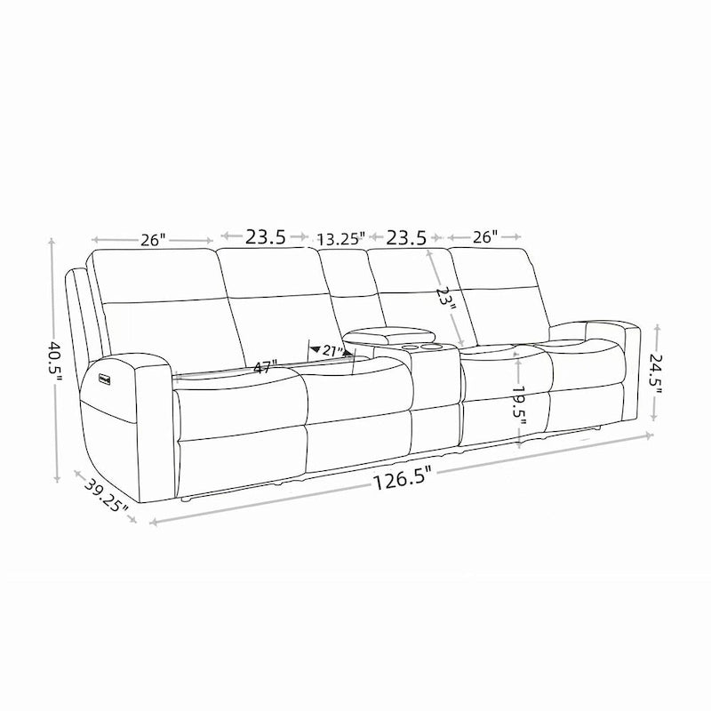 Elektrisch verstellbares 4-Sitzer-Sofa aus echtem Leder für das Wohnzimmer mit Konsole, USB-Anschluss und verstellbarer Kopfstütze