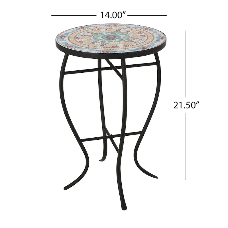 Indoor Side Table with Tile Mosaic Top, Powder-Coated Metal Frame