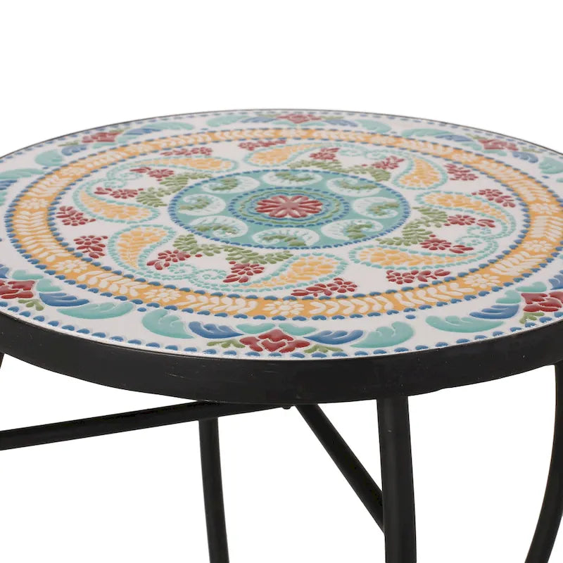 Indoor Side Table with Tile Mosaic Top, Powder-Coated Metal Frame