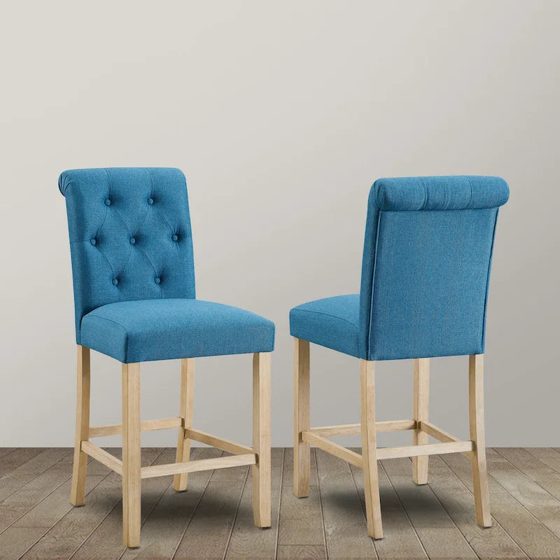 Counter Height Button-Tufted Solid Wood Stools, Set of 2