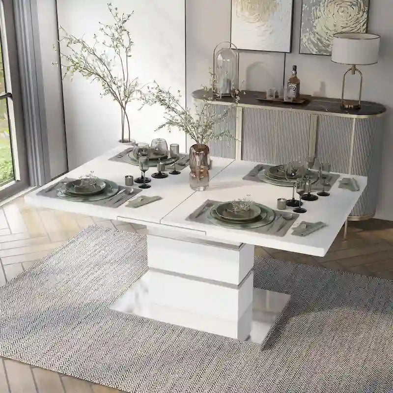 White 78" Wood Expandable Dining Table with Chrome Pedestal Base