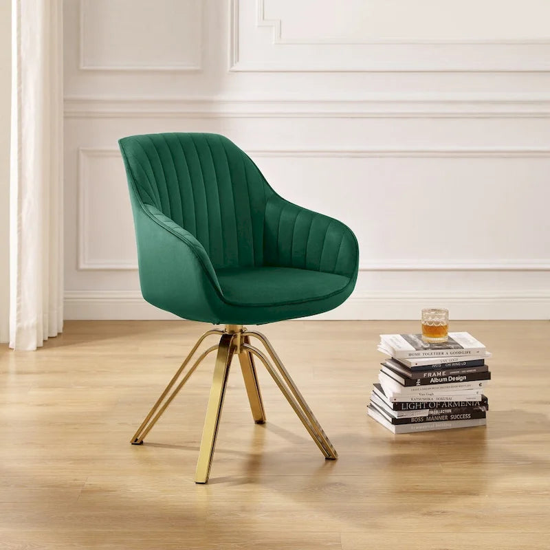 23" Green Velvet and Gold Swivel Arm Chair