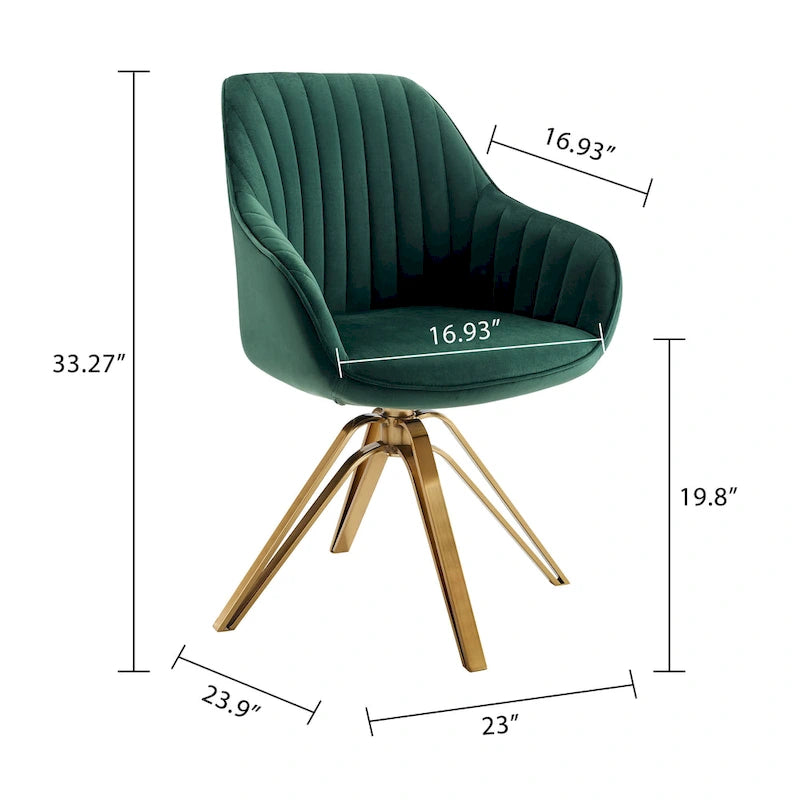23" Green Velvet and Gold Swivel Arm Chair