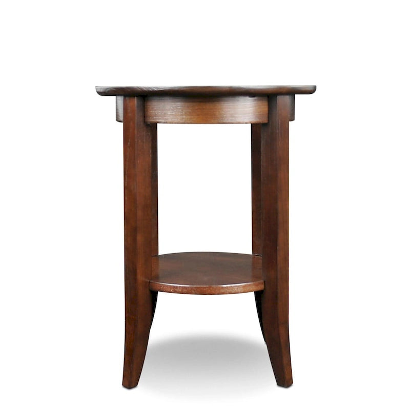 Solid Oak Round Side Table with Glass Top and Lower Shelf, Chocolate Oak