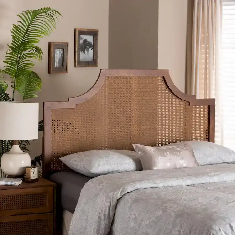 Mid-Century Modern Ash Walnut Wood and Rattan Headboard, King/Queen