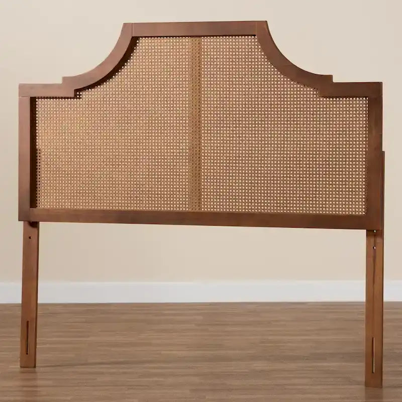 Mid-Century Modern Ash Walnut Wood and Rattan Headboard, King/Queen