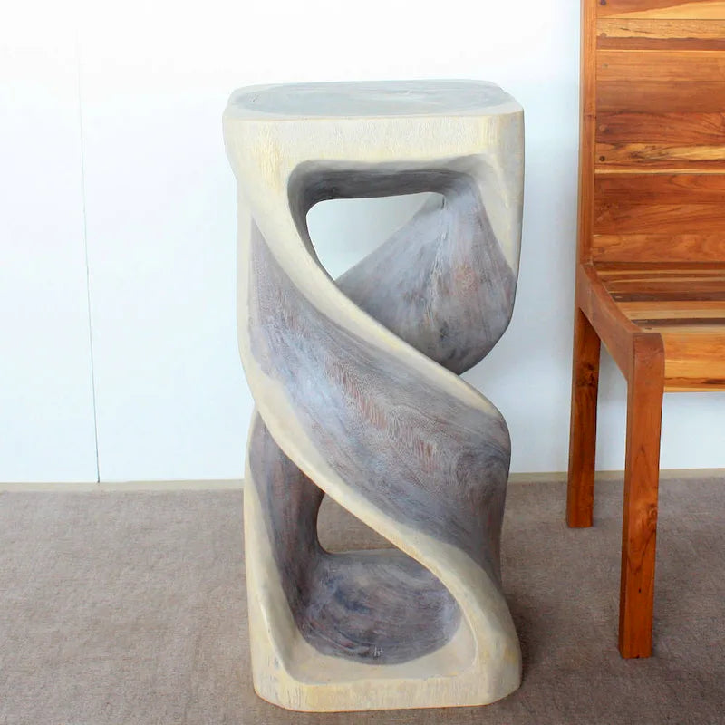 Wood Double Twist Accent Table 14" SQ x 30" H, Grey Oil Finish