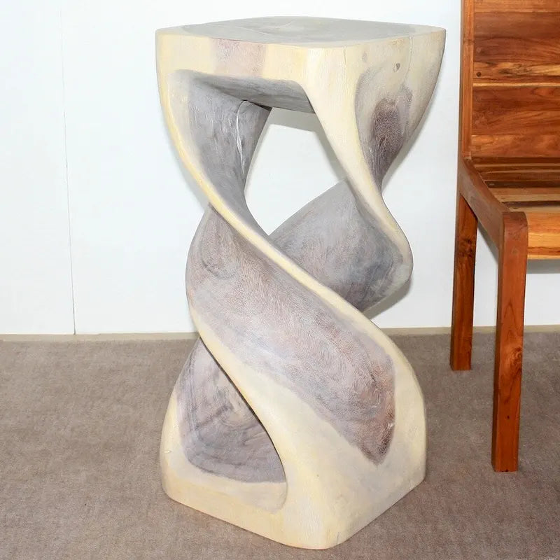 Wood Double Twist Accent Table 14" SQ x 30" H, Grey Oil Finish