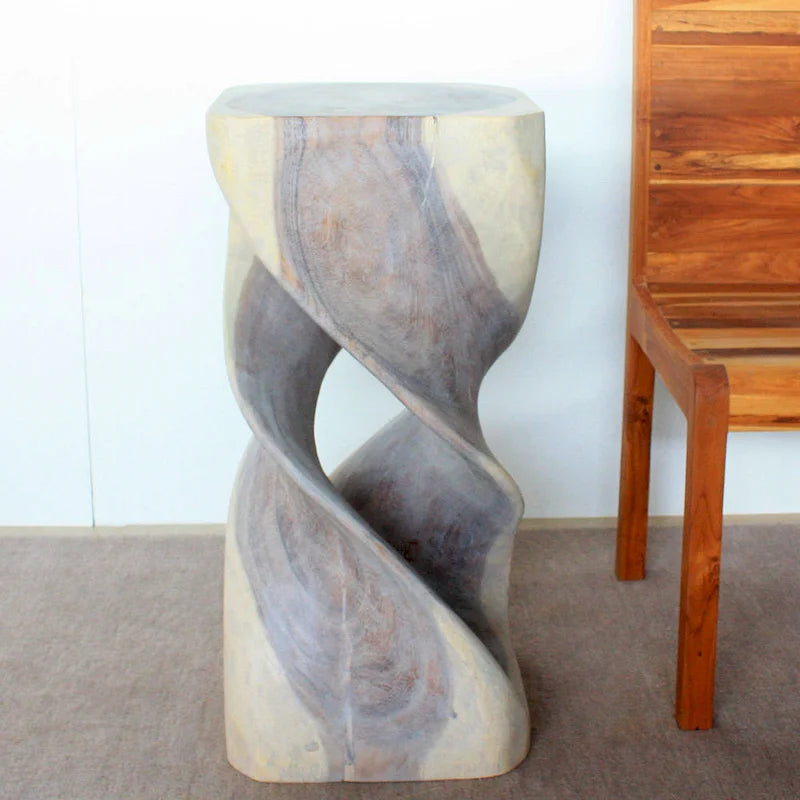 Wood Double Twist Accent Table 14" SQ x 30" H, Grey Oil Finish