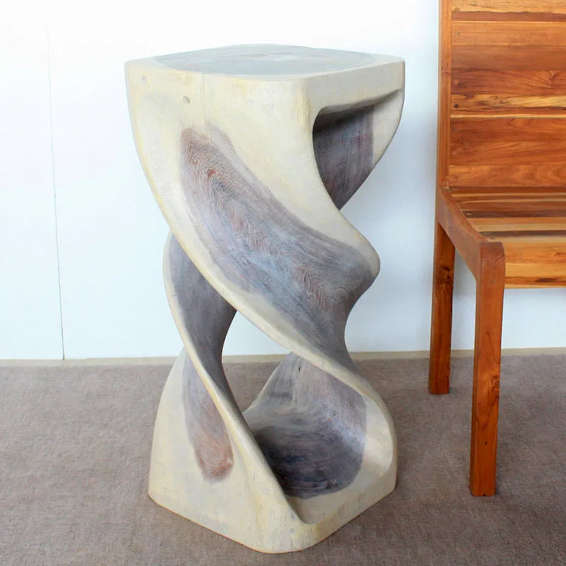 Wood Double Twist Accent Table 14" SQ x 30" H, Grey Oil Finish