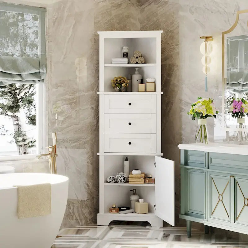 Triangle Tall Cabinet with 3 Drawers and Adjustable Shelves for Bathroom,