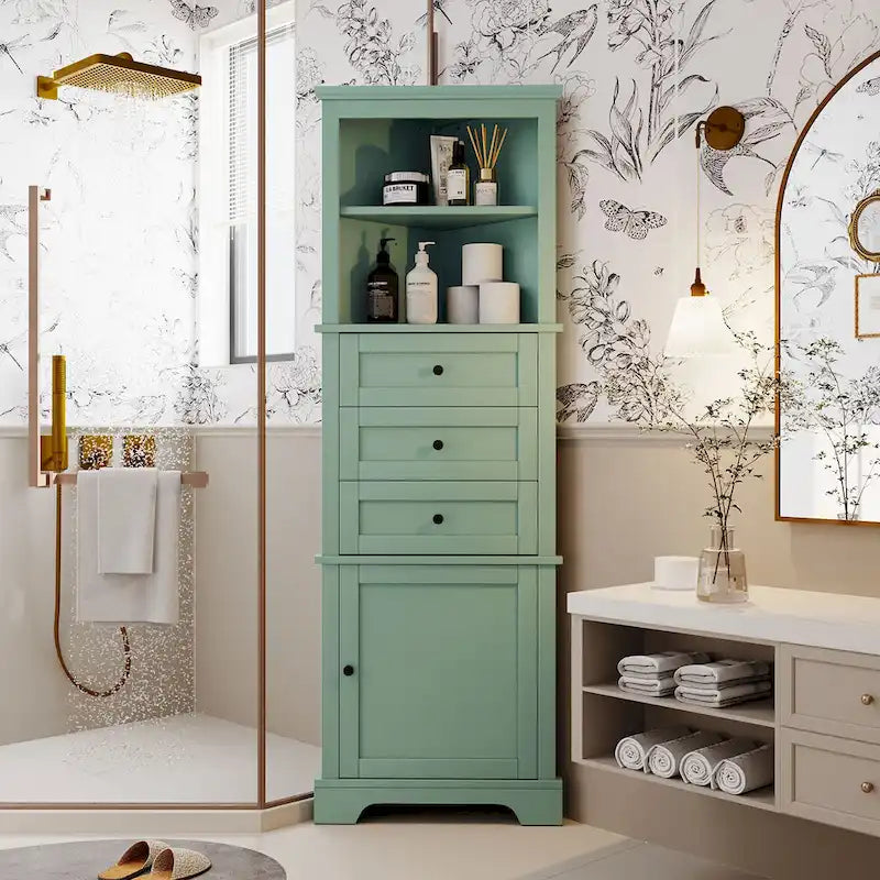 Triangle Tall Cabinet with 3 Drawers and Adjustable Shelves for Bathroom,