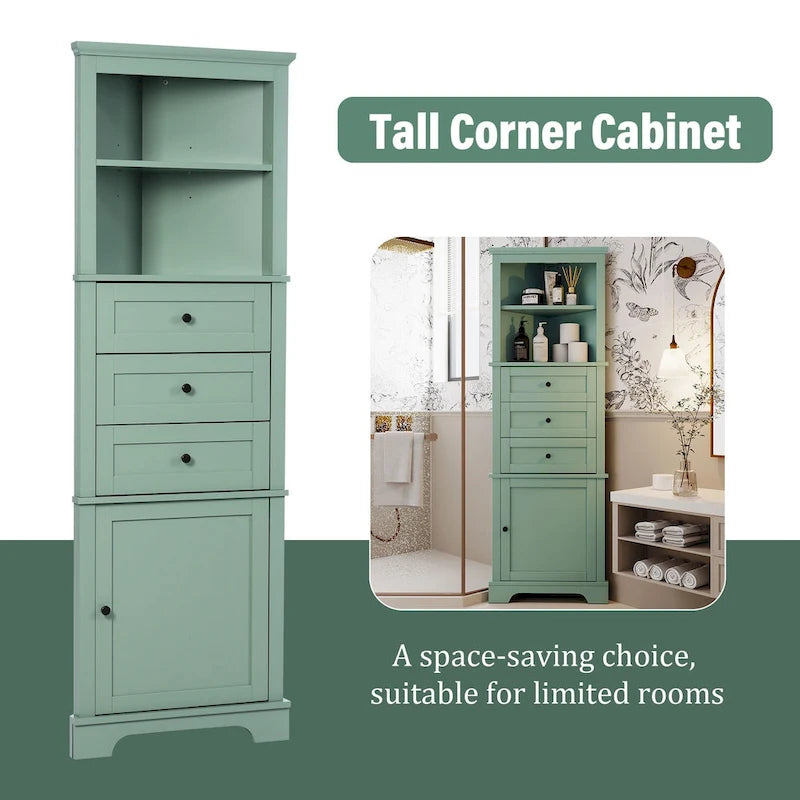 Triangle Tall Cabinet with 3 Drawers and Adjustable Shelves for Bathroom,